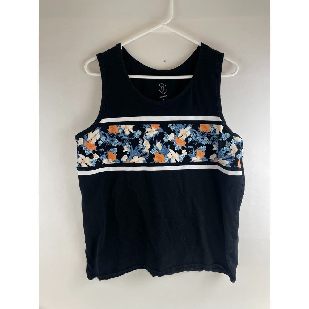 Original Use Tank Top Women's Size Large Black White Stripes Floral Sleeveless